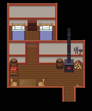 Interior de uma casa da vila: duas camas, fogão a lenha aceso, barris e ferramentas na parede.